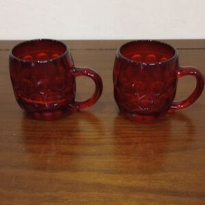 Vintage Ruby Red Mid-century Modern Glass Thumbprint Mugs, Set Of 2